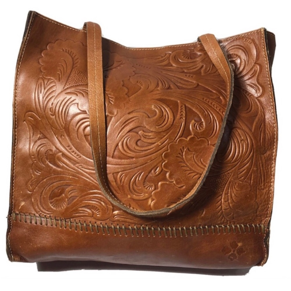 Patricia Nash Hand-Tooled Leather Tote in Cognac Brown.